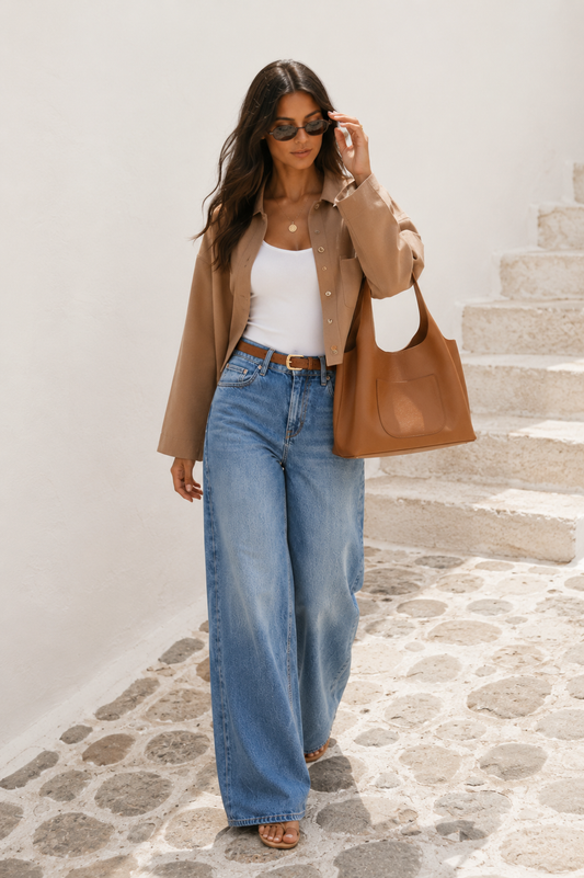 Cum porți blugii wide leg cu talie înaltă în 2026 – ținută cu body alb modelator, geacă camel oversized și geantă camel în stil quiet luxury.