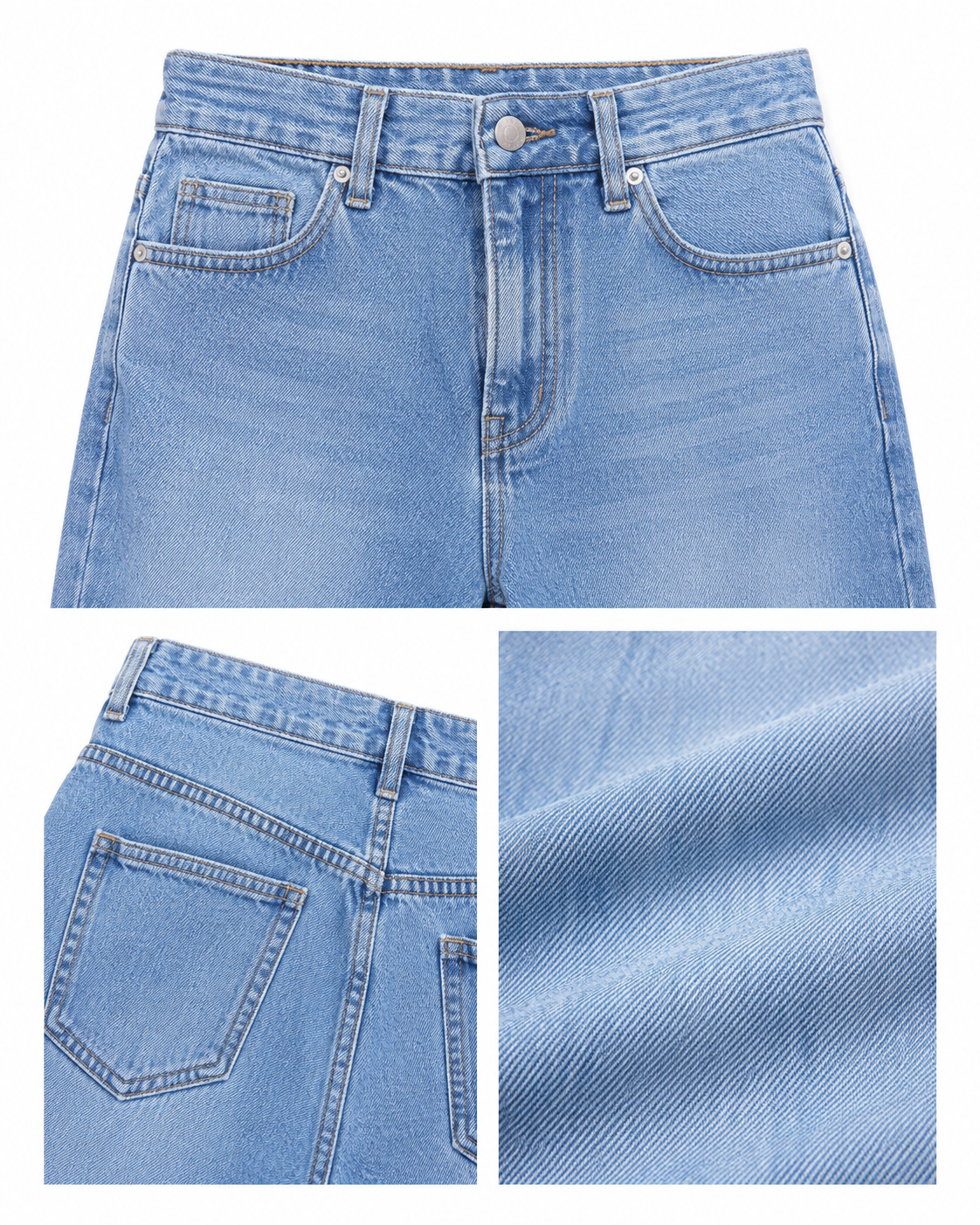 Detalii blugi damă wide leg – talie, buzunar și denim albastru deschis