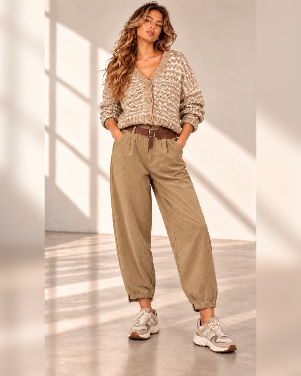 Ținută damă compusă din cardigan gros și pantaloni din catifea reiată 