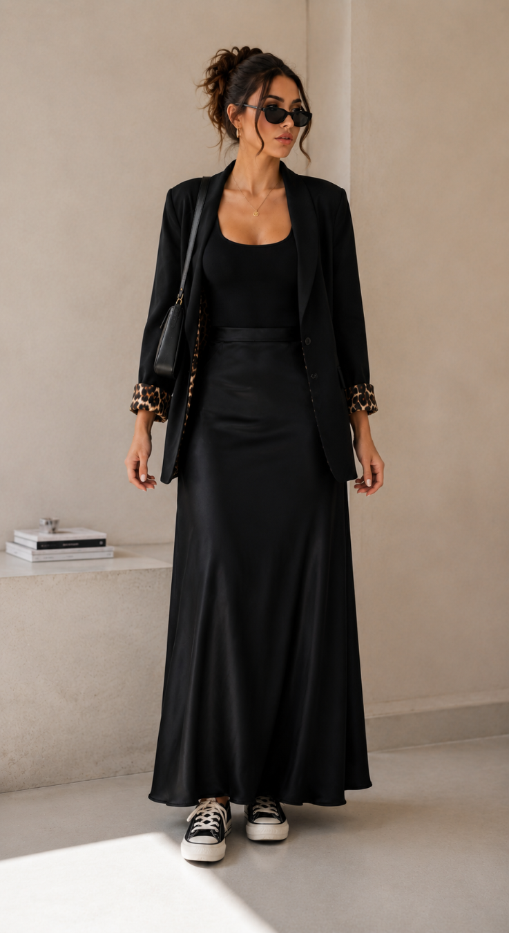 Fustă midi satinată pentru ținute elegante și casual chic.