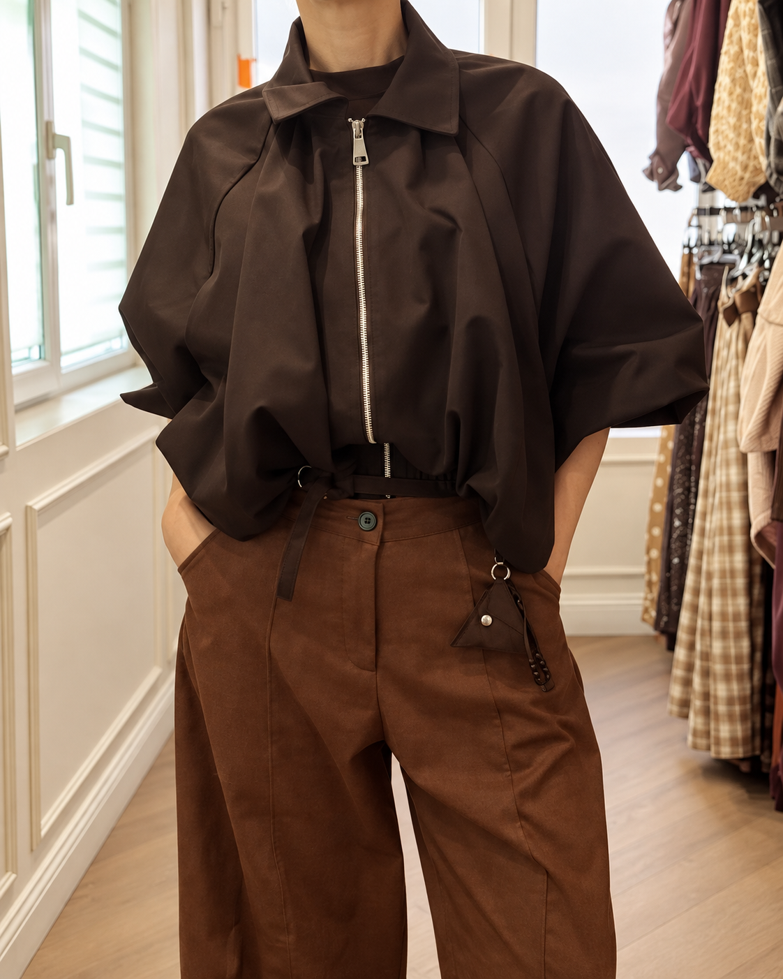 Geacă damă maro închis oversized, cu fermoar, guler amplu și mâneci suflecate, purtată cu pantaloni maro.