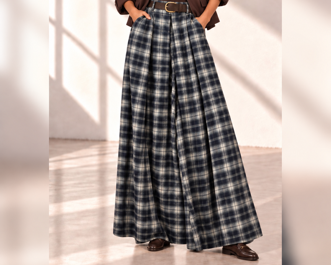Pantaloni în carouri de damă albastru inchis