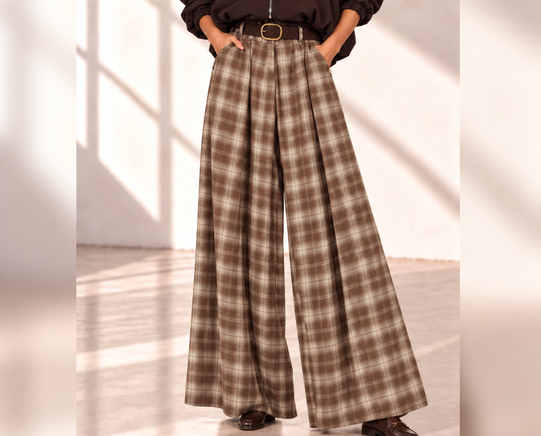 Pantaloni damă carouri croială lejeră tip fustă pantalon