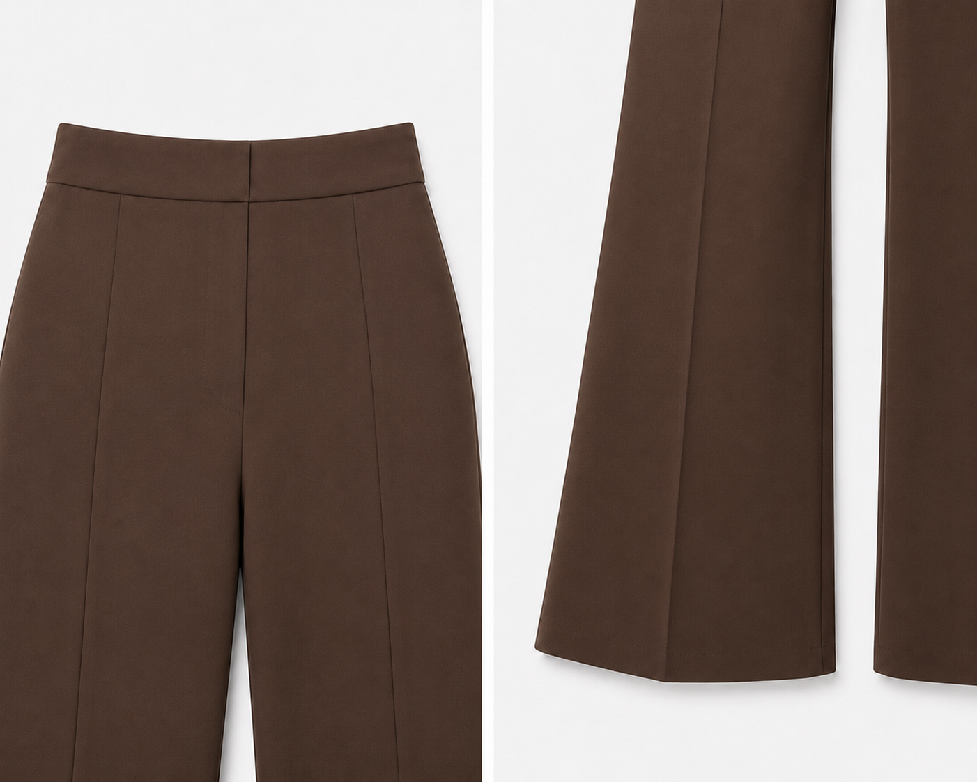 Detaliu pantaloni damă stretch flare maro cu talie înaltă și croială elegantă.