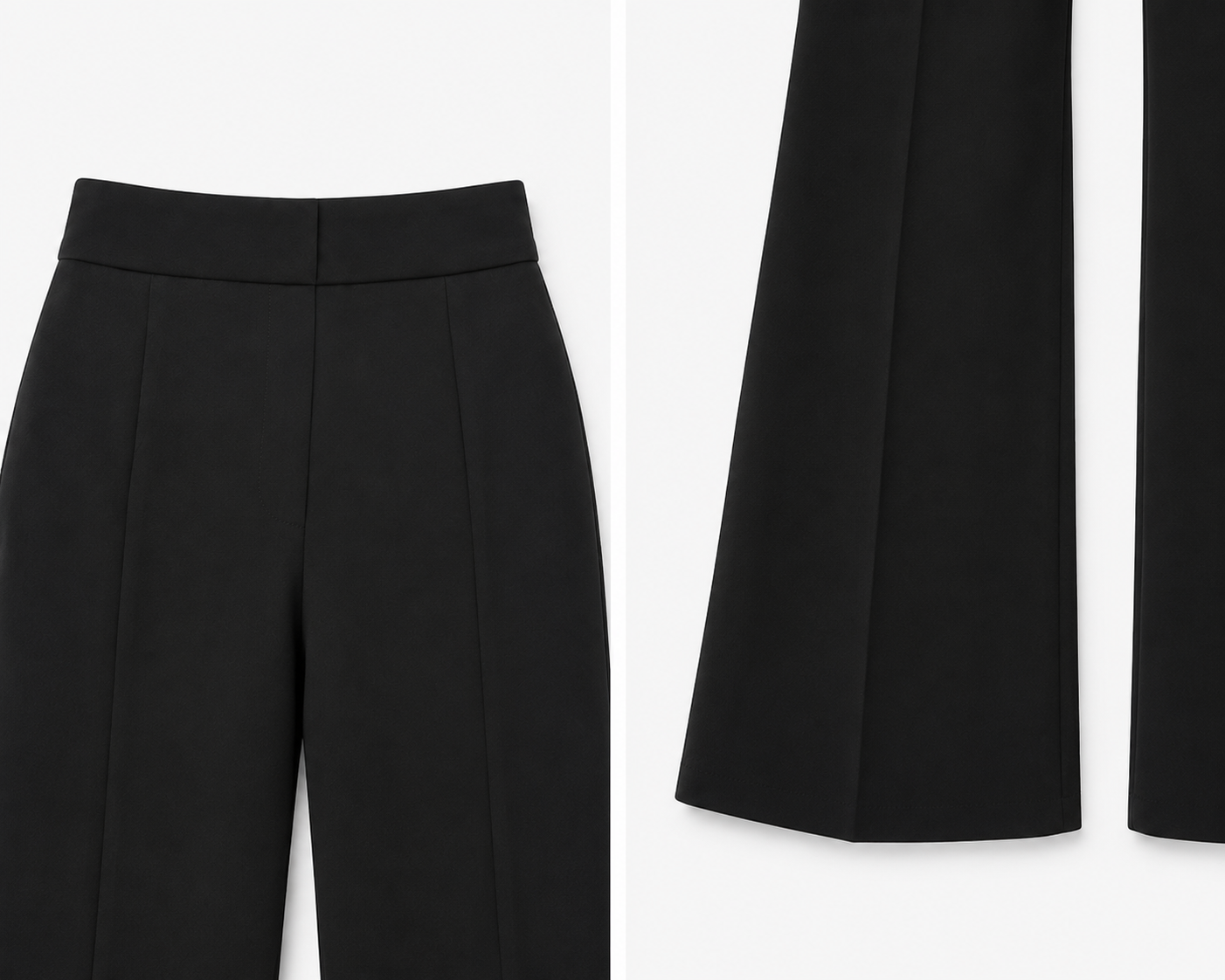 Pantaloni stretch flare damă, vedere din spate, efect modelator și croială evazată.