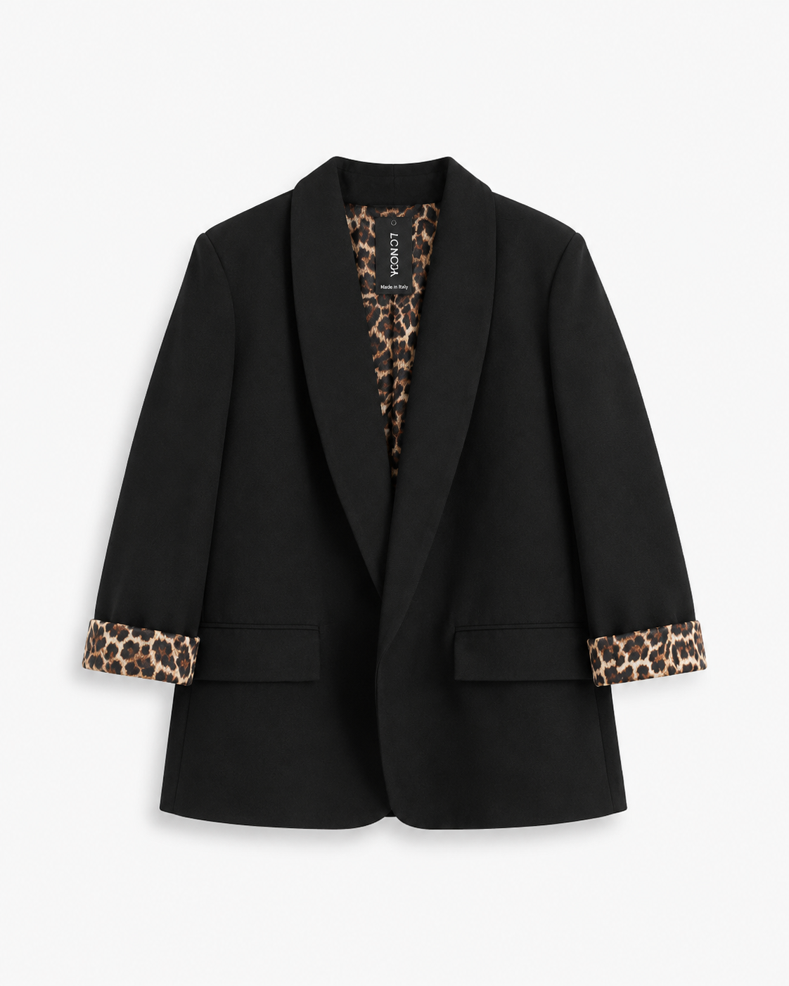 Sacou negru feminin cu detalii leopard și croială premium.
