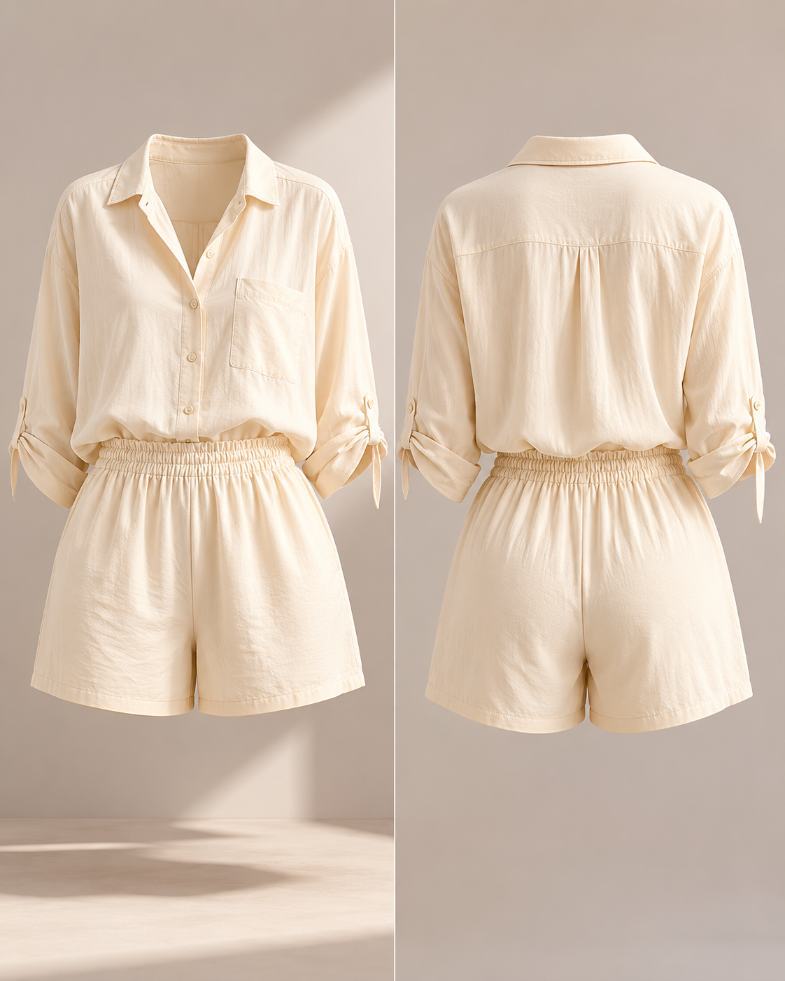 Set feminin cu cămașă oversized și pantaloni scurți.