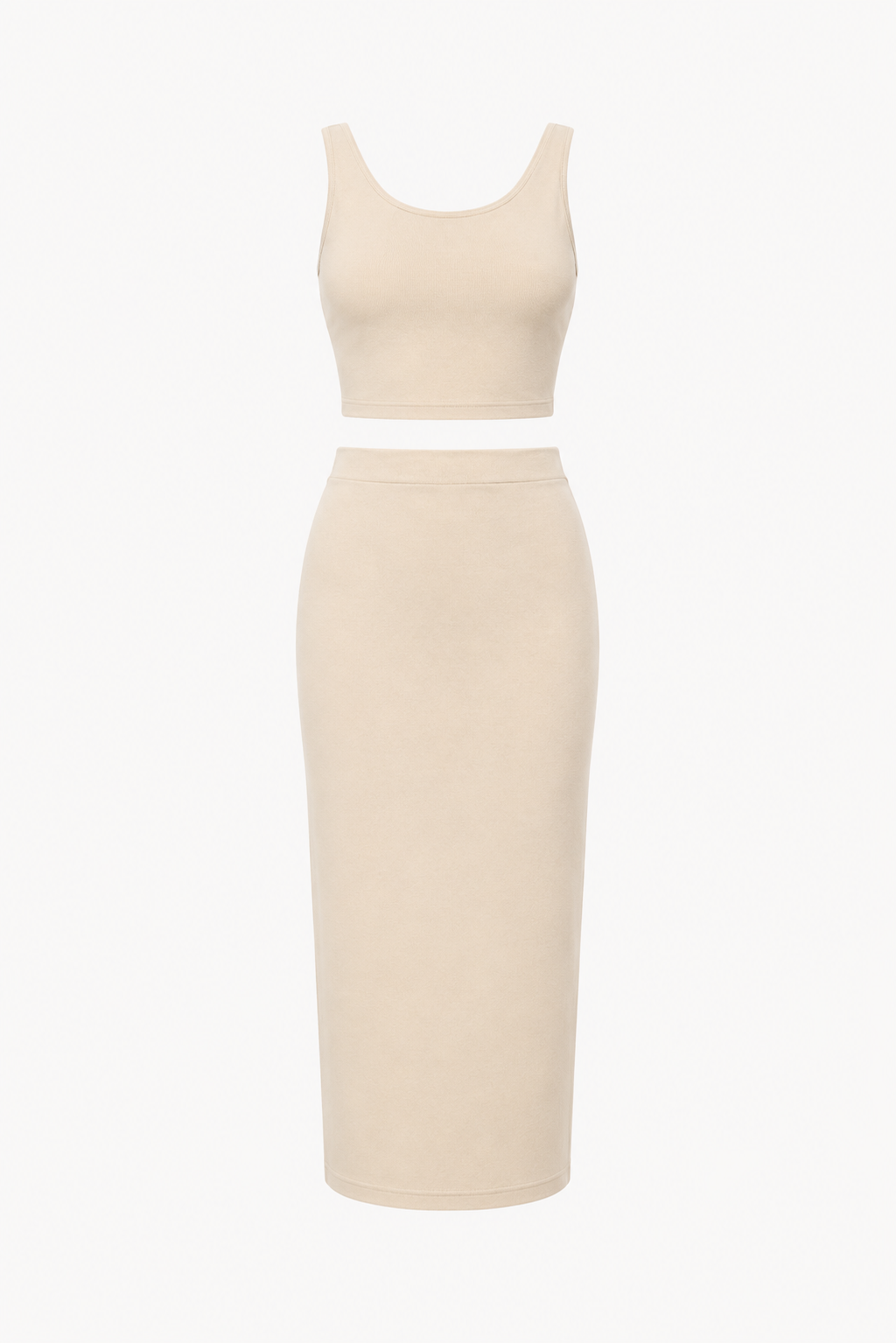 Set damă casual chic cu top și fustă midi elegantă.