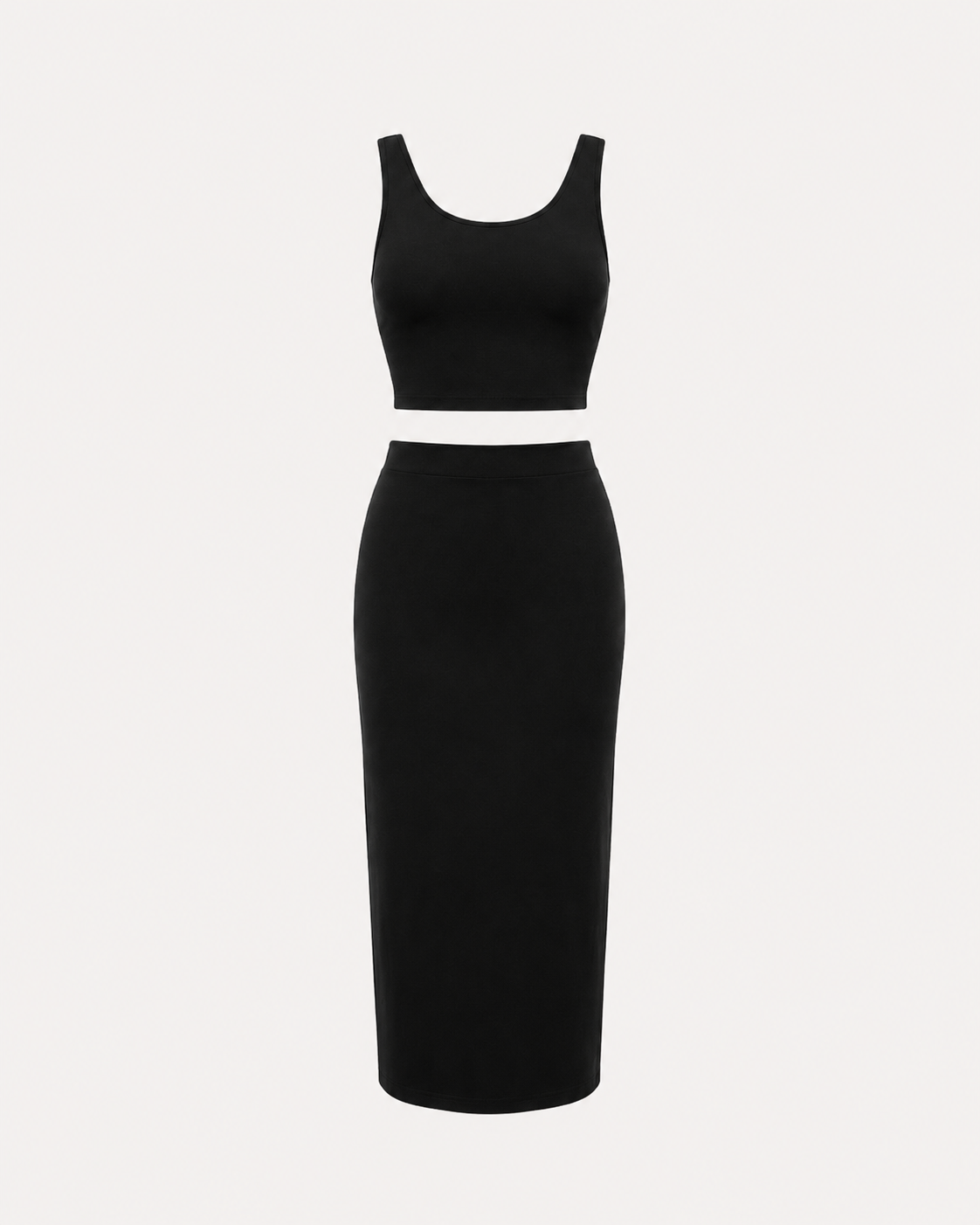 Set damă premium cu top minimalist și fustă cu crăpătură.